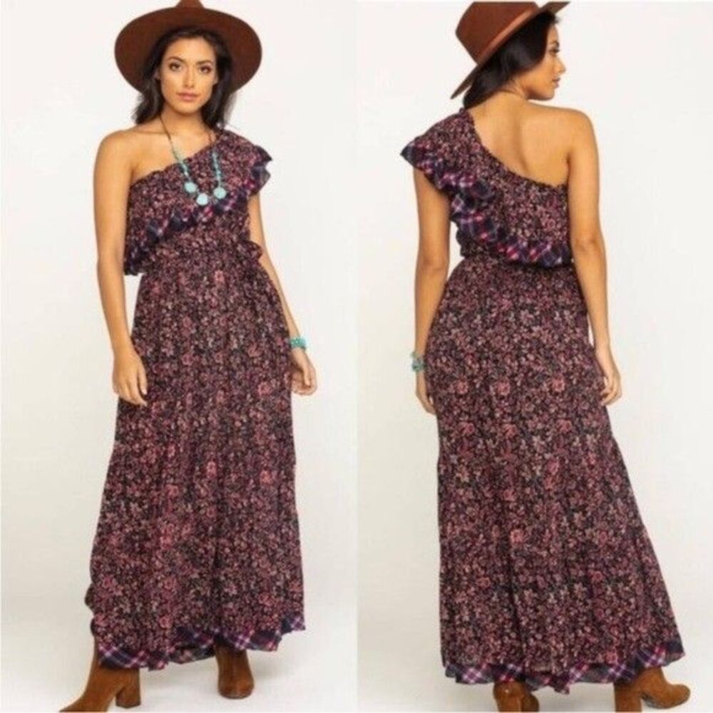 Free People One Shoulder Floral Maxi Dress L Boho Prairie Ruffle Tiered Festival